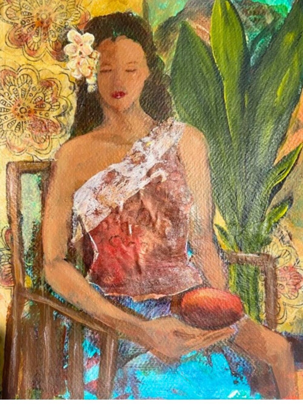 Hand-Painted Tropical Woman Mixed Media  Acrylic  Art– Red, Green, Blue - Picture 2 of 9